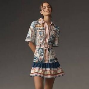 Farm Rio Cerrado Short-Sleeve Belted Linen Mini Dress